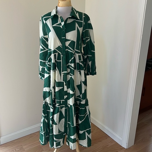 New! Zara small green combo geometric print front button ruffled hem dress. - Picture 2 of 14